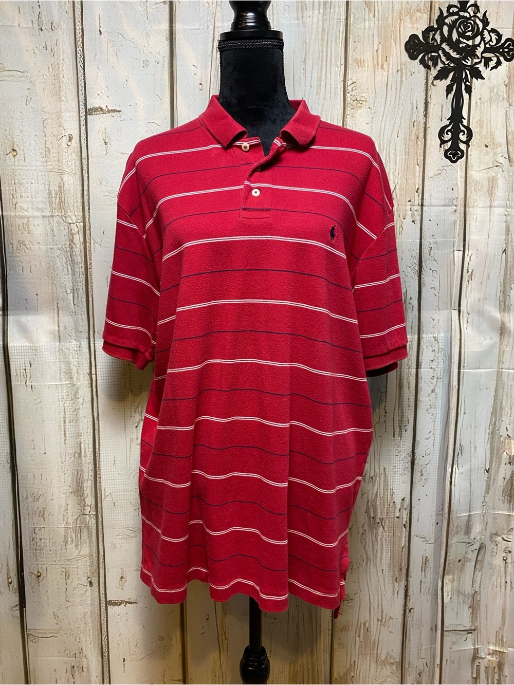 Ralph Lauren Red Polo with White Stripe Detail Sz-XL